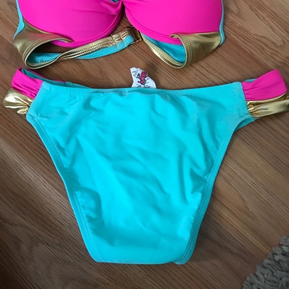 Bright mint, pink and gold bikini WORN ONCE - Picture 3 of 5